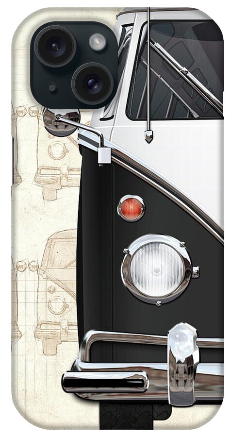 ‘volkswagen Type 2’ Collection By Serge Averbukh iPhone Case featuring the digital art Volkswagen Type 2 - Black and White Volkswagen T1 Samba Bus over Vintage Sketch by Serge Averbukh