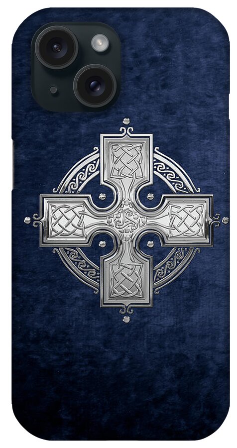 ‘celtic Treasures’ Collection By Serge Averbukh iPhone Case featuring the digital art Ancient Silver Celtic Knot Cross over Blue Velvet by Serge Averbukh