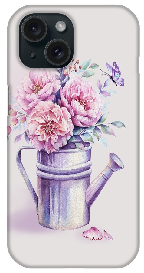 Watercolour Peony iPhone Case featuring the painting Pink Peonies Blooming Watercolour by Georgeta Blanaru