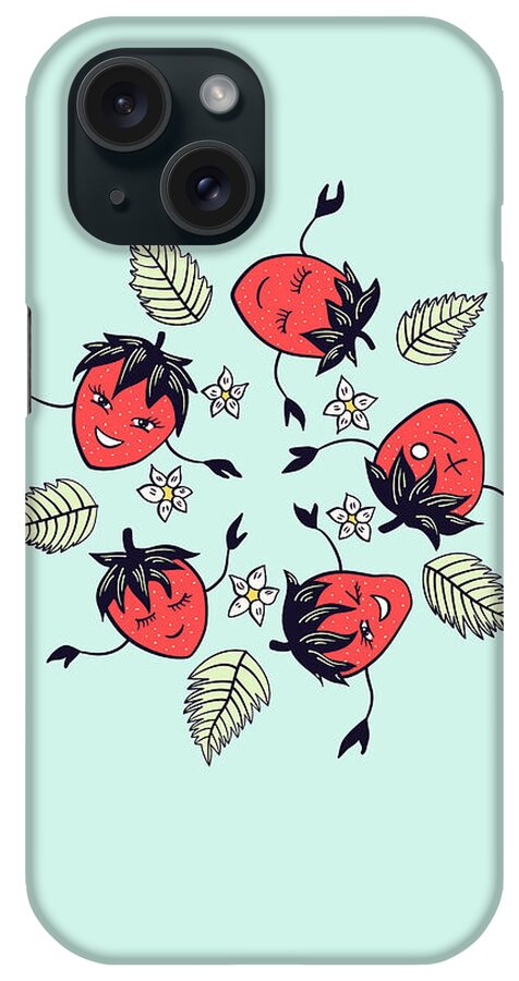 Cute iPhone Case featuring the digital art Happy strawberry characters fun cartoon by Boriana Giormova