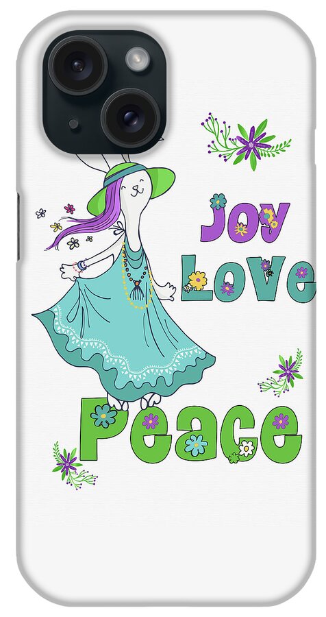 Christmas iPhone Case featuring the digital art Retro Hippie Joy Love and Peace Dancing Holiday Bunny by Doreen Erhardt