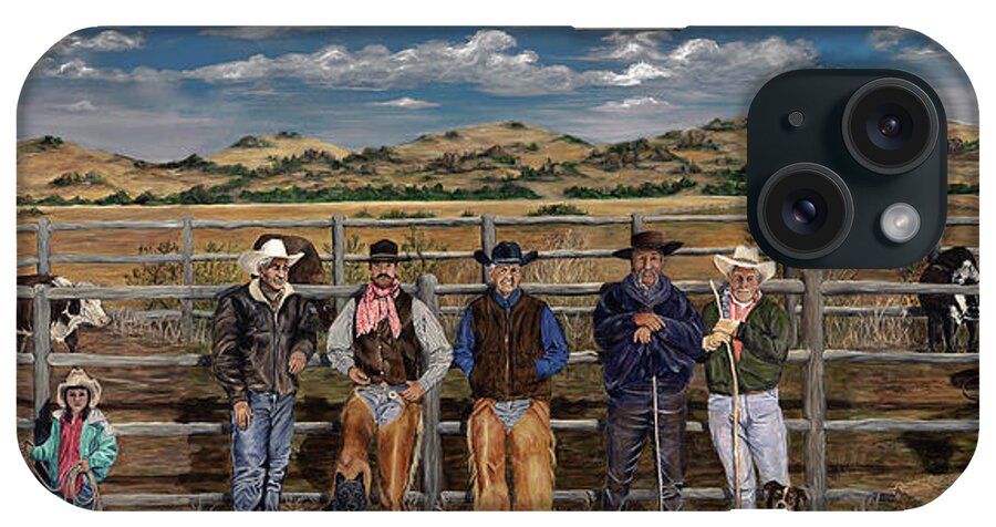 Cowboys Latinos Cowgirl Australian Sheperd Horse Cattle Ranching Idaho Dogs Boise Foothills iPhone Case featuring the painting At the End of the Day by Bonnie Peacher
