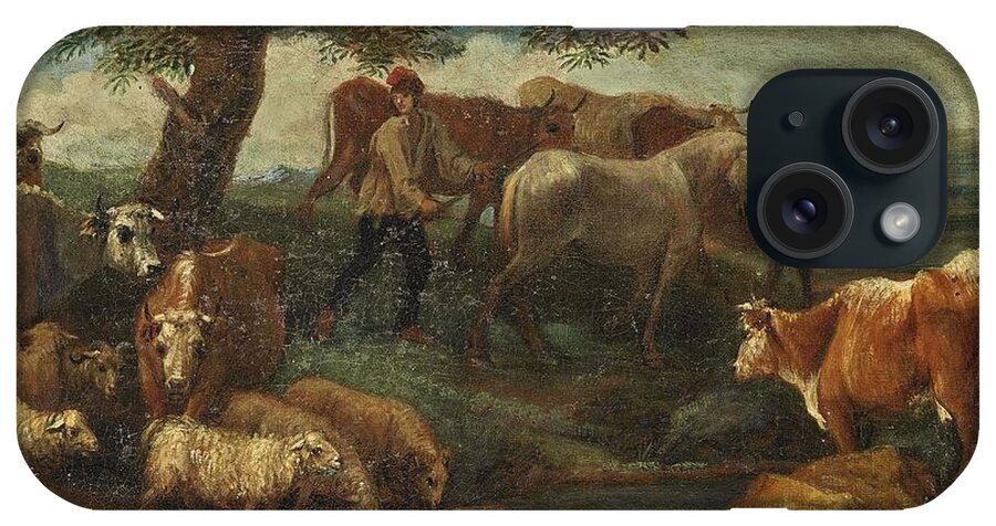 Girl iPhone Case featuring the painting Attributed to BEICH, FRANZ JOACHIM  Resting Shepherd with Cattle by Celestial Images