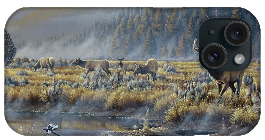 Elk In A Field By A River iPhone Case featuring the painting Autumn Classic - Elk by Wilhelm Goebel