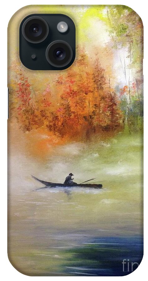 Autumn iPhone Case featuring the painting Autumn dawning, Autumn colours, Fisherman on an autumn lake by Lizzy Forrester