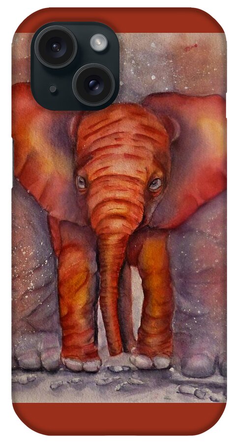 The Playroom iPhone Case featuring the painting Baby Elephant Cozy Under Mama by Kelly Mills