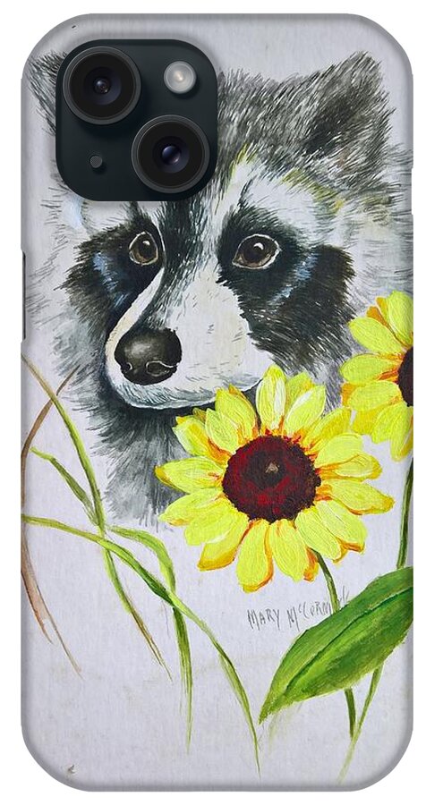Raccoons iPhone Case featuring the painting Bandit and the Sunflowers by ML McCormick