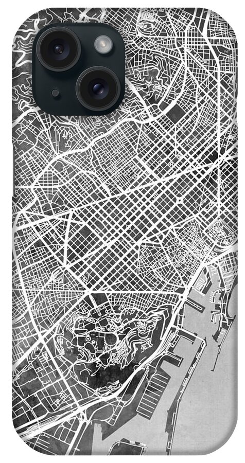 Barcelona iPhone Case featuring the digital art Barcelona Spain City Map by Michael Tompsett