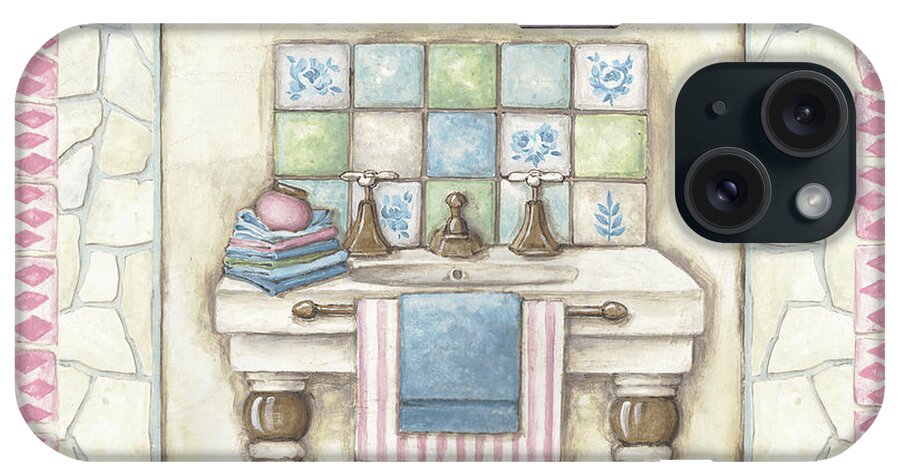 A Sink And Various Items Related To The Bathroom iPhone Case featuring the painting Bath A by Lisa Audit