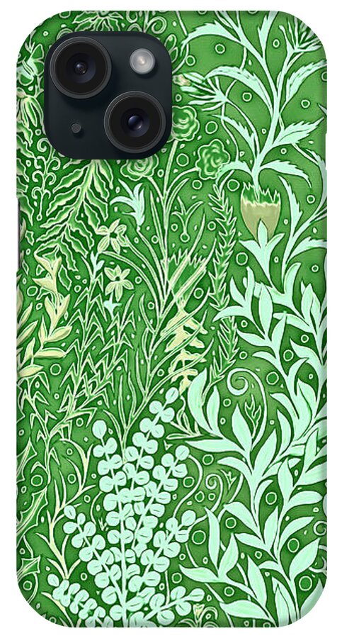 Lise Winne iPhone Case featuring the mixed media Batik Garden in Green by Lise Winne