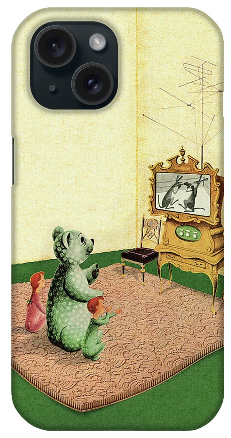 Boy iPhone Case featuring the drawing Bear and Children Watching TV by CSA Images