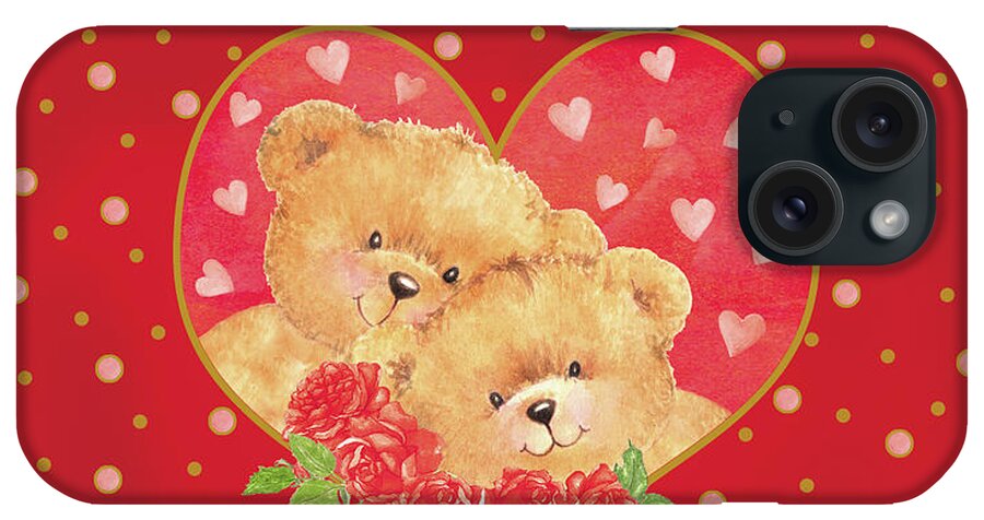 Two Teddy Bears In A Heart On Heart Pattern iPhone Case featuring the painting Bears In Love Heart by Maria Trad