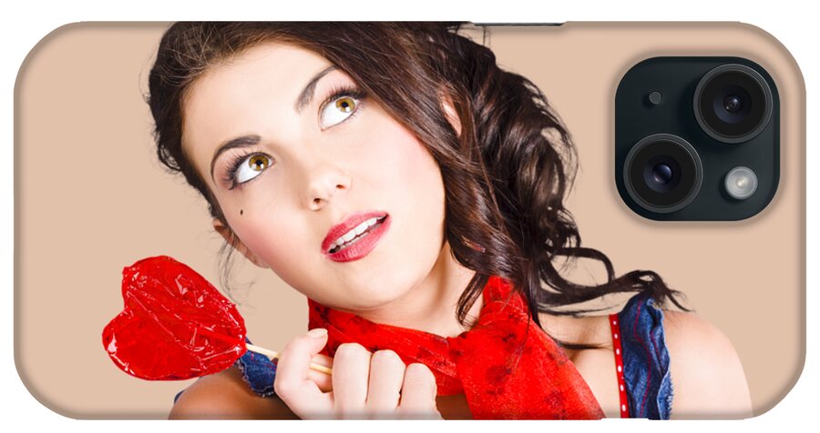 Retro iPhone Case featuring the photograph Beautiful pinup girl holding candy. Sweet heart by Jorgo Photography