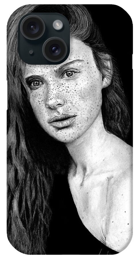 Beautiful iPhone Case featuring the drawing Beautiful Woman with Freckles Portrait by James Schultz