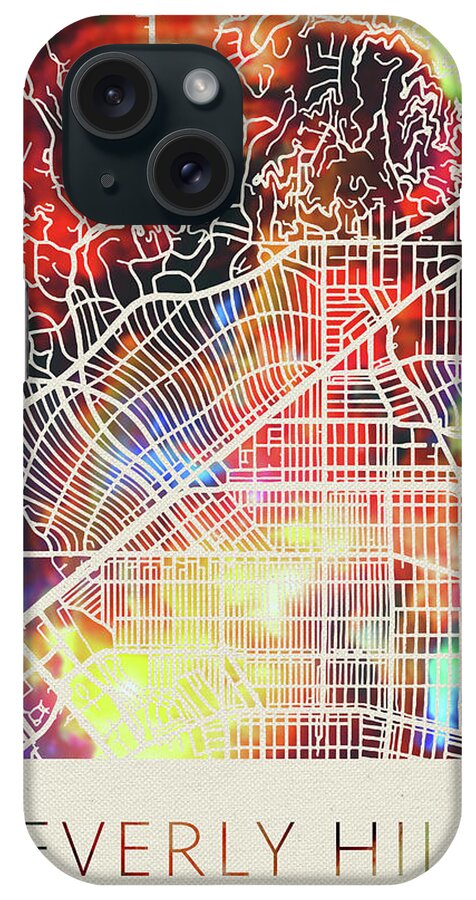 Beverly Hills iPhone Case featuring the mixed media Beverly Hills California Watercolor City Street Map by Design Turnpike