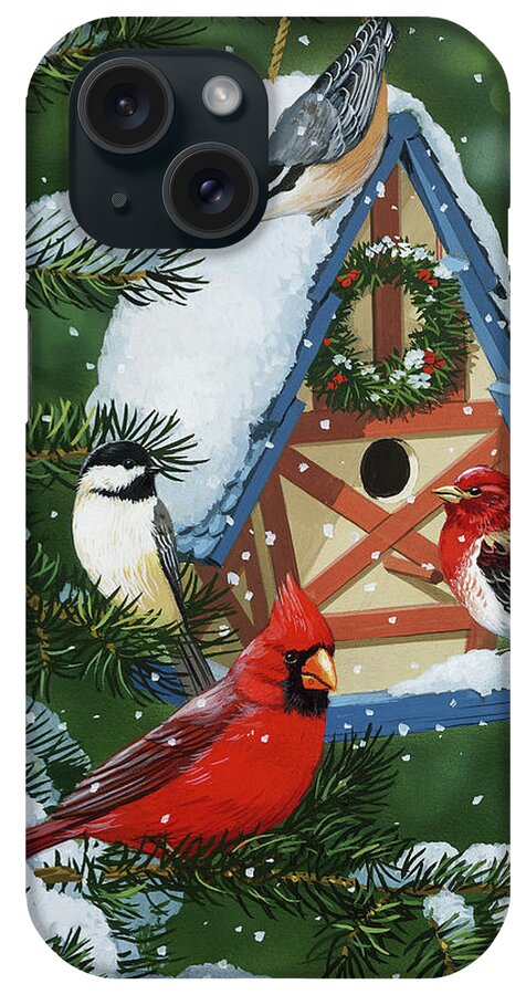 Birds At Feeder iPhone Case featuring the painting Birds At Feeder (winter) by William Vanderdasson