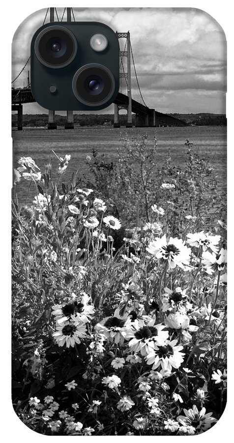 Michigan iPhone Case featuring the photograph Black and White of Blooming Flowers by the Bridge at the Straits by Randall Nyhof