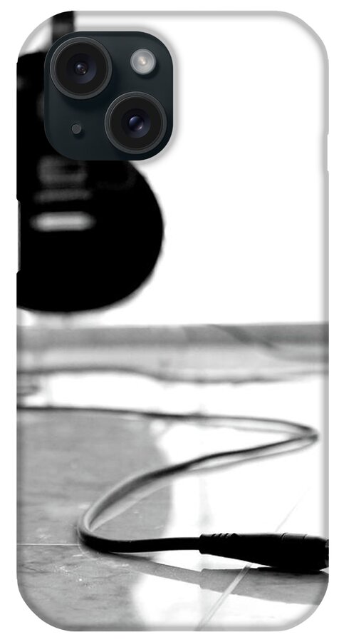 Rock Music iPhone Case featuring the photograph Black Guitar And Cord With Copy Spapce by Clickhere