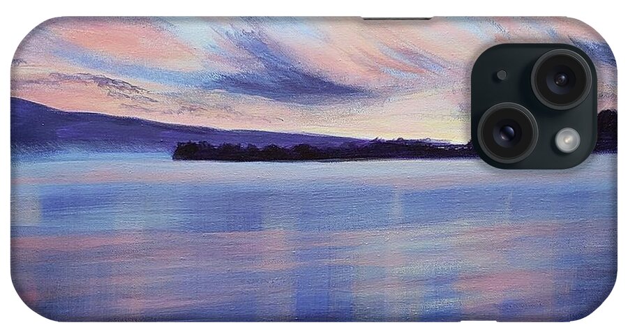 Sunset iPhone Case featuring the painting Blue Fog Over Sunset Lake by Alexis King-Glandon