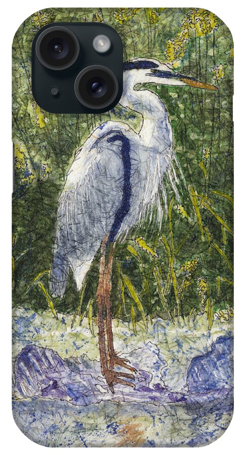 Blue Heron iPhone Case featuring the painting Blue Heron Watercolor Batik by Conni Schaftenaar