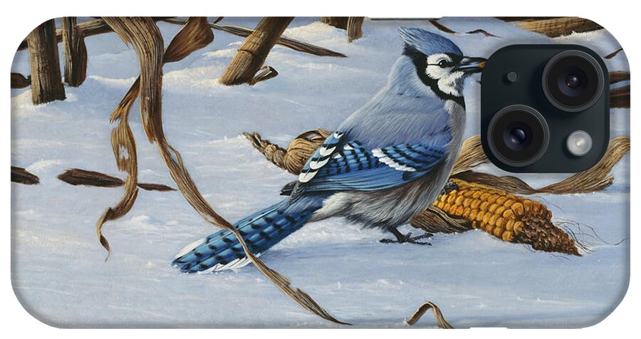 Bluejay By An Ear Of Corn In The Snow iPhone Case featuring the painting Bluejay by Wilhelm Goebel