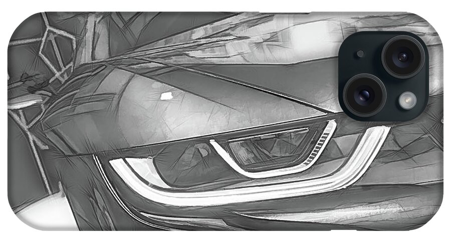 Bmw iPhone Case featuring the digital art BMW i8 Front Abstract Black and White Sketch by Rick Deacon