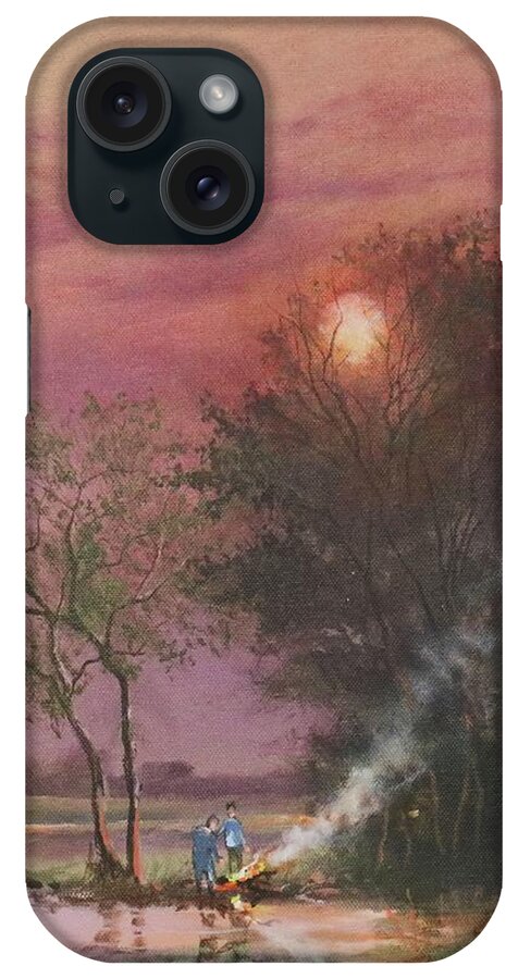 ; Bonfire iPhone Case featuring the painting Bonfire By The Creek by Tom Shropshire