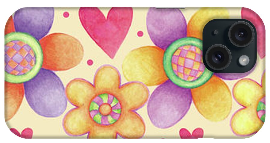 Multi Colored Flower And Heart Pattern iPhone Case featuring the painting Border Happy Day by Maria Trad