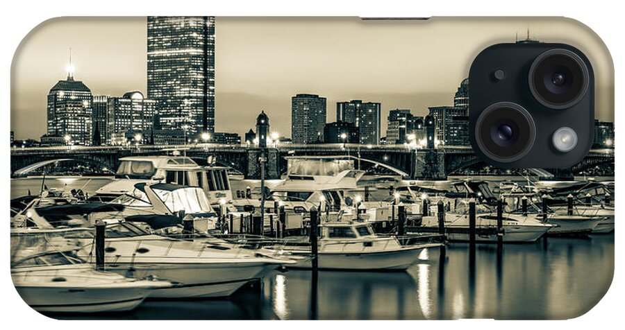 America iPhone Case featuring the photograph Boston Skyline and Yacht Club Panorama - Sepia by Gregory Ballos