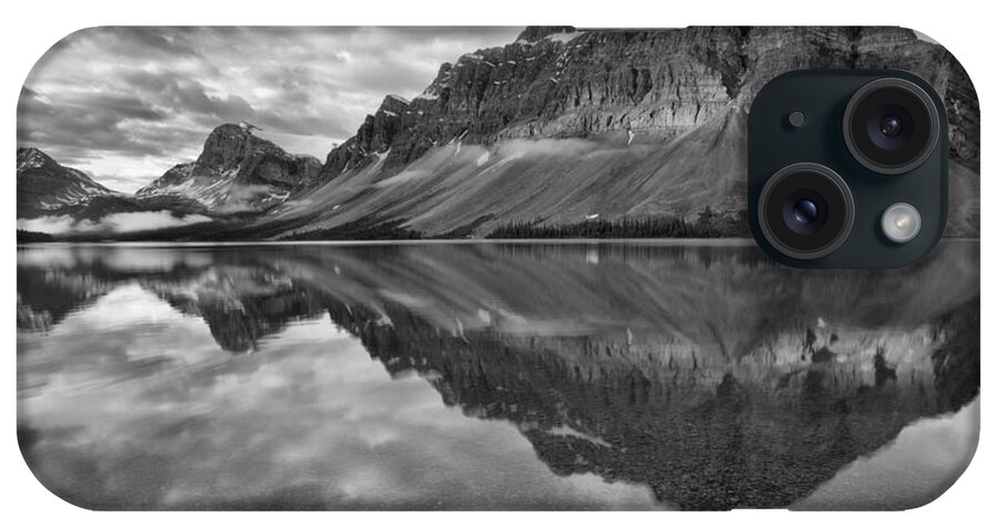 Bow iPhone Case featuring the photograph Bow Lake Stormy Summer Sunrise Reflections Black And White by Adam Jewell