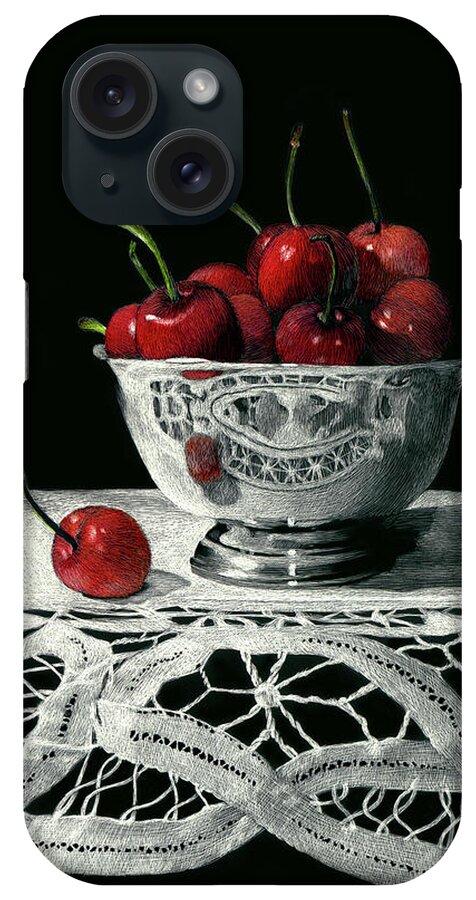 Silver Bowl iPhone Case featuring the mixed media Bowl Of Cherries by Sandra Willard