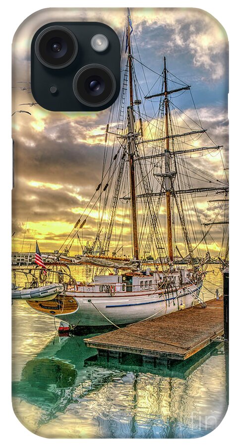 Waterfront; San Pedro; Ca; Fishing; Boats; Docked; Small Fleet; Commercial; Fishing Vessels; Ports O' Call Village; Maritime; Museum; Terminal Island; Gantry Cranes; Shipping; Containers; Southern California; Usa; Port Of Los Angeles; Southern California iPhone Case featuring the photograph Brigantine San Pedro by David Zanzinger