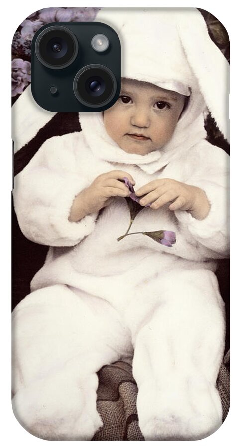 A Baby Dressed In A White Bunny Suit With Purple Flowers In Back
Easter iPhone Case featuring the photograph Bunny Baby by Sharon Forbes