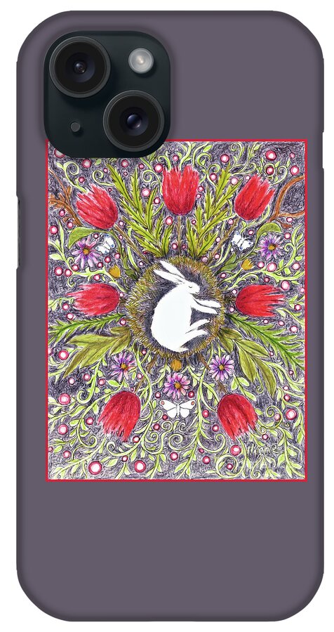 Lise Winne iPhone Case featuring the mixed media Bunny Nest with Red Flowers Variation by Lise Winne
