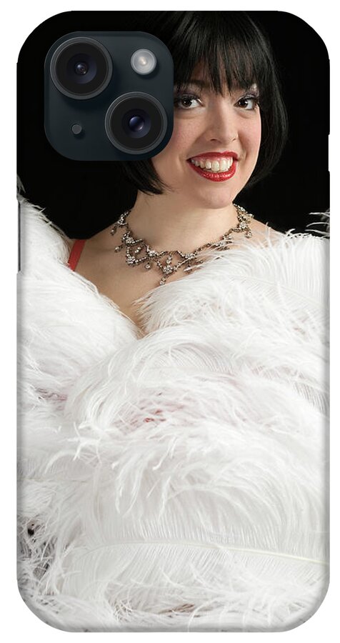 Caucasian Ethnicity iPhone Case featuring the photograph Burlesque Dancer Smiling Over Ostrich by Henry Horenstein