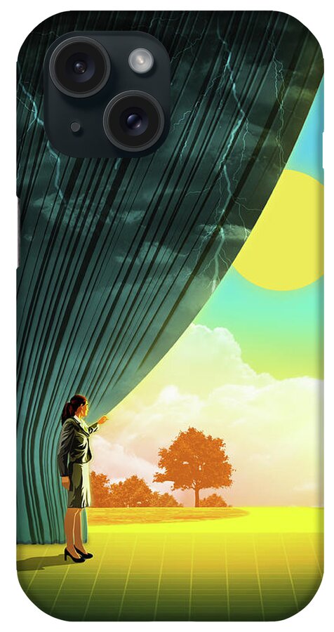 30-35 Years iPhone Case featuring the photograph Businesswoman Opening Curtain To Sunny by Ikon Images