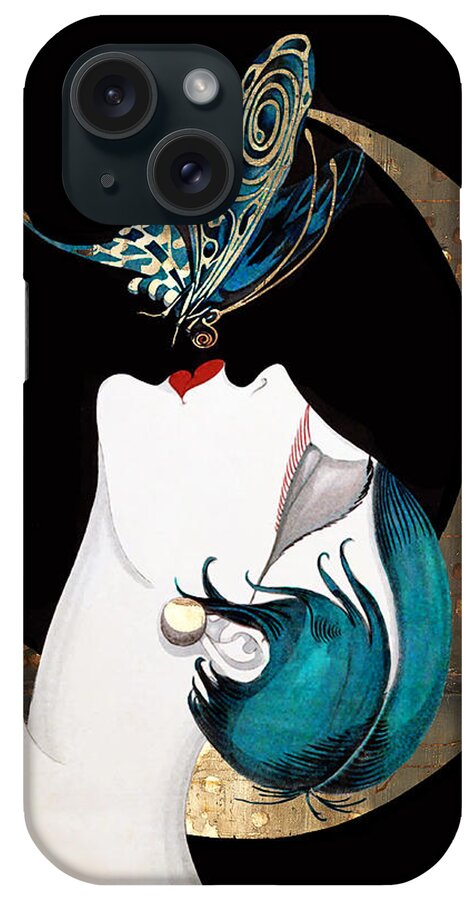 Beautiful iPhone Case featuring the painting Butterfly Kiss French Art Deco Woman Remix by Tina Lavoie