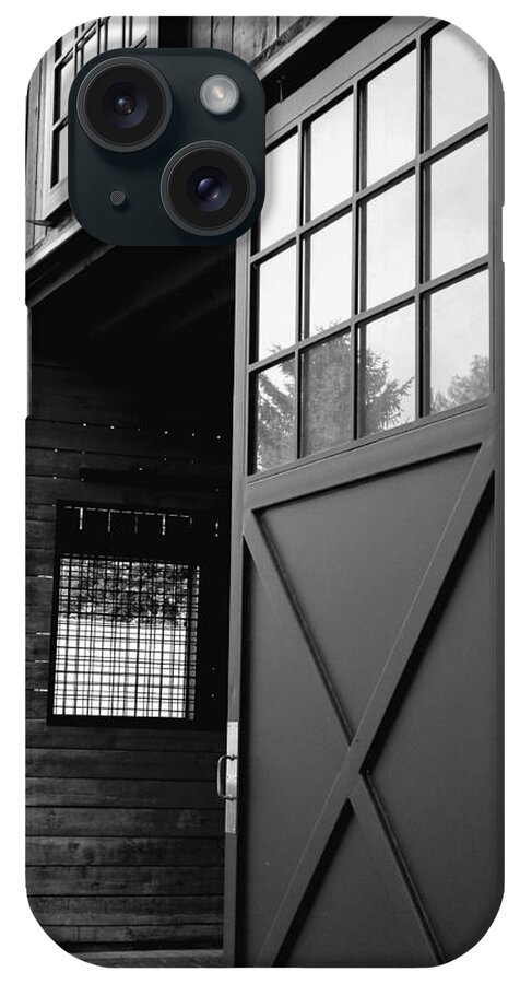 Black And White iPhone Case featuring the photograph BW Barn Door Perspective by Mike McBrayer
