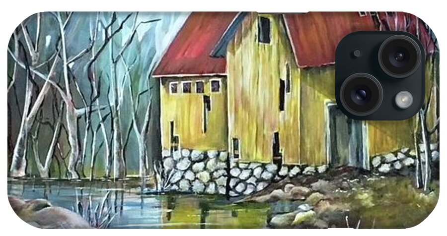 Original Painting iPhone Case featuring the painting Cabin in the woods by Maria Karlosak
