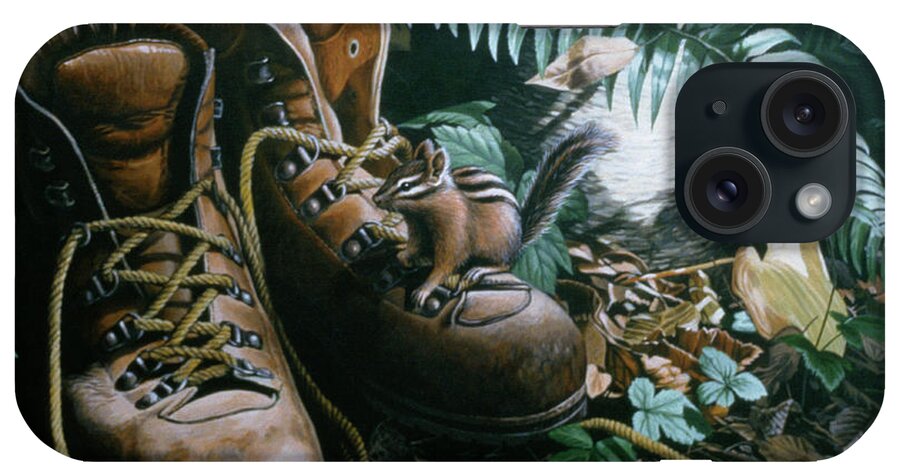 A Chipmunk Rests On A Pair Of Old Boots. Camp iPhone Case featuring the painting Camp Visitor by Ron Parker