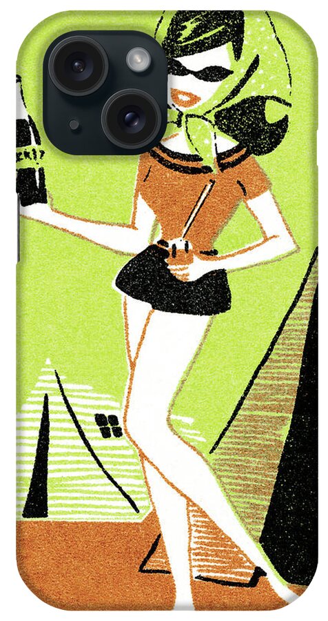 Accessories iPhone Case featuring the drawing Camping woman with soda by CSA Images