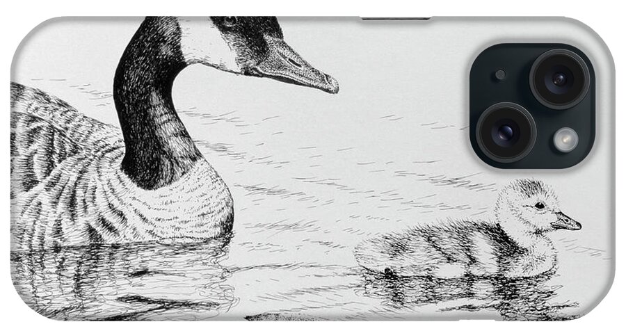 A Canadian Goose Swimming With Her Baby In Front Of Her iPhone Case featuring the painting Canada Goose And Baby by Rusty Frentner