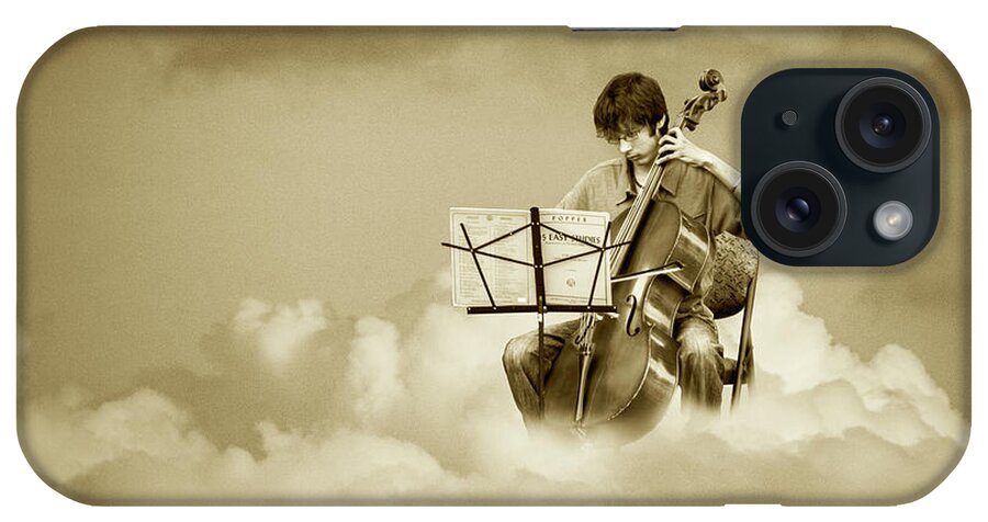 Music iPhone Case featuring the photograph Cello Player Playing on Cloud Nine in Sepia Tone by Randall Nyhof