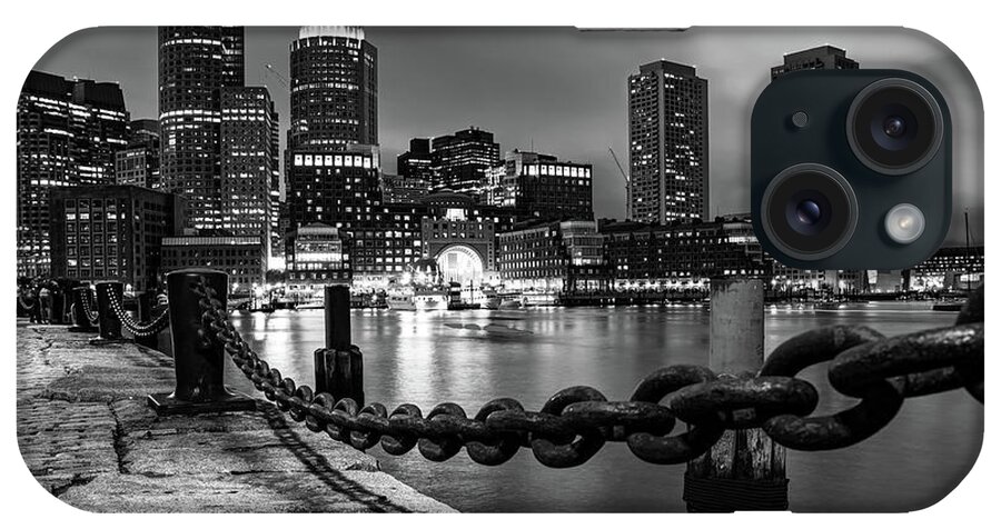 Boston Skyline iPhone Case featuring the photograph Chain Link Boston Skyline in Black and White by Gregory Ballos