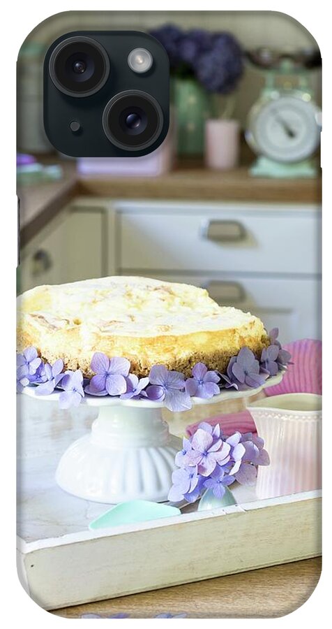 Ip_12262915 iPhone Case featuring the photograph Cheesecake Decorated With Hydrangeas On A Wooden Tray by Dee's Kche