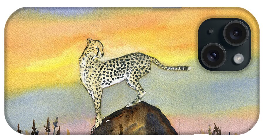 Cheetah In Sunset iPhone Case featuring the painting Cheetah in Sunset by Melly Terpening