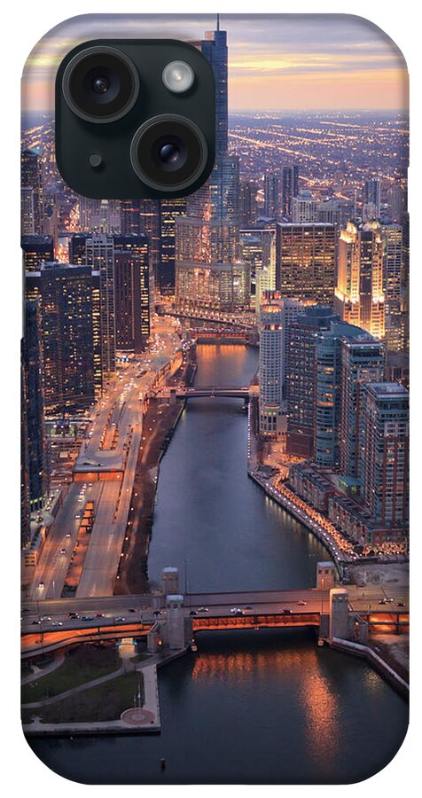 Tranquility iPhone Case featuring the photograph Chicago Downtown - Aerial View by Berthold Trenkel