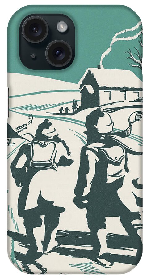 Architecture iPhone Case featuring the drawing Children Walking in the Snow to School by CSA Images