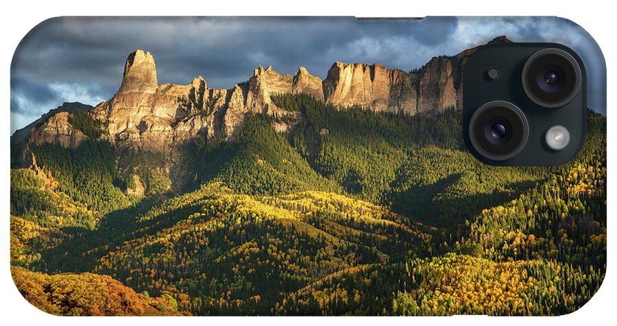 Aspen iPhone Case featuring the photograph Chimney Rock Under Dark, Stormy Skies With Aspen Covered Hillside by Cavan Images
