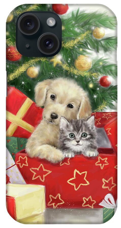 Christmas Dog And Cat In Box iPhone Case featuring the mixed media Christmas Dog And Cat In Box by Makiko